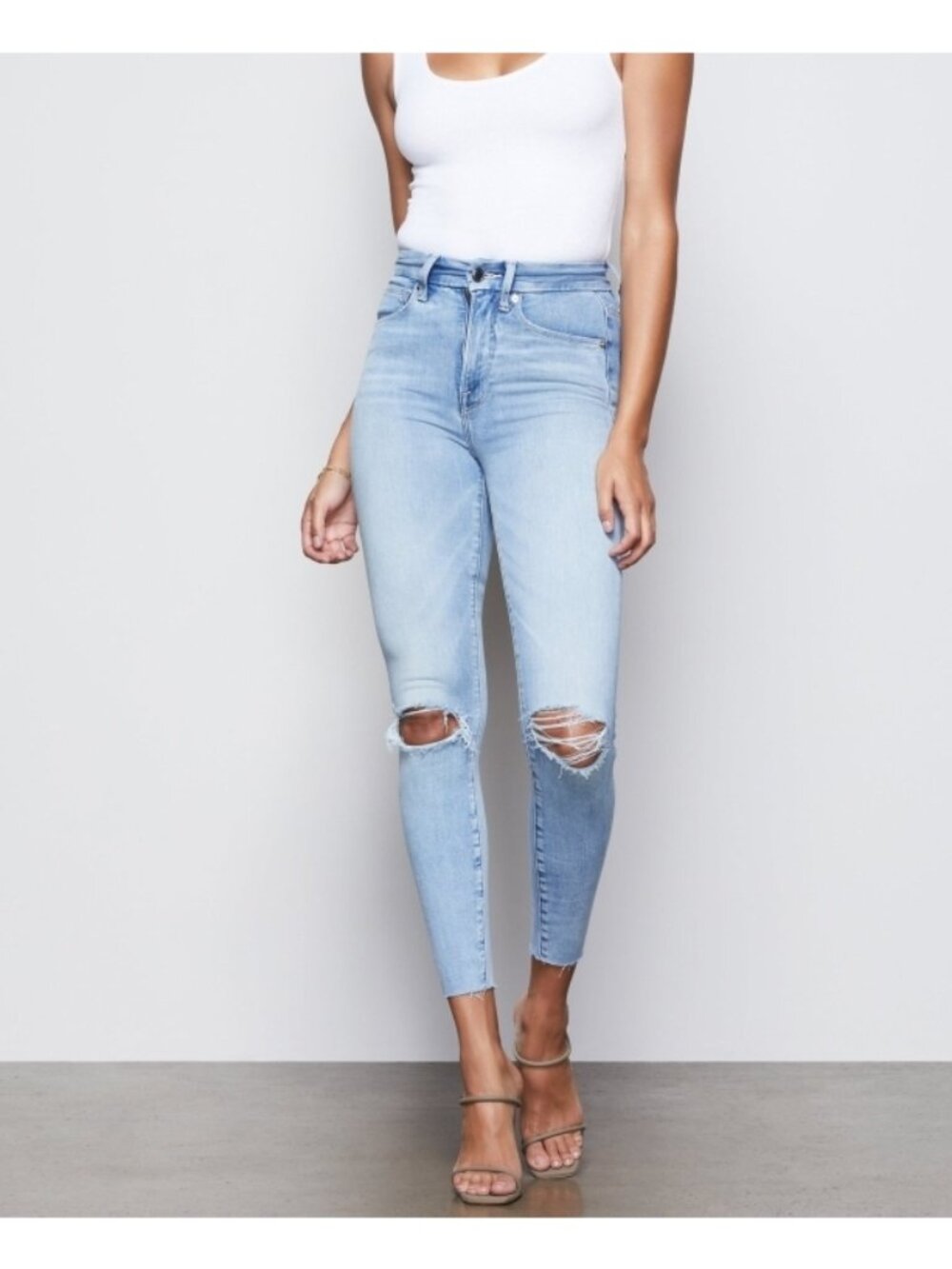 Good American Good Waist Crop Raw Edge Blue352 Ripped Distressed High-Rise Waist